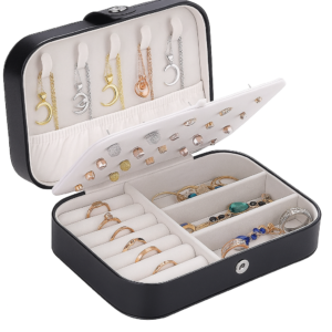 Portable Travel Jewellery Box – Black PU Leather Jewelry Organizer for Rings, Necklaces & Earrings