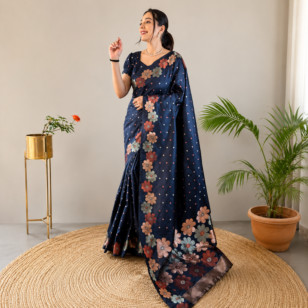 Navy Blue Lichi Silk Saree Navy Blue Lichi Silk Saree