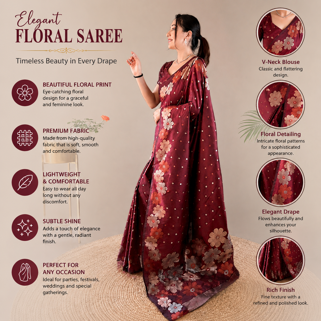 Maroon Lichi Silk Saree Maroon Lichi Silk Saree