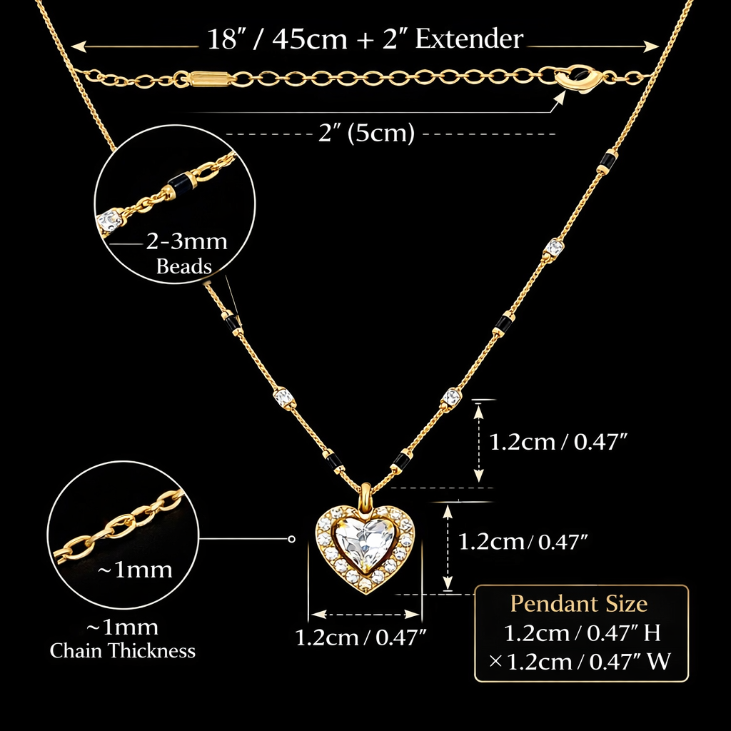 Gold heart necklace with detailed dimensions